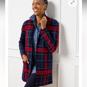 Talbots Pure Merino Wool Open Front Coatigan Cabin Plaid Sweater Blazer